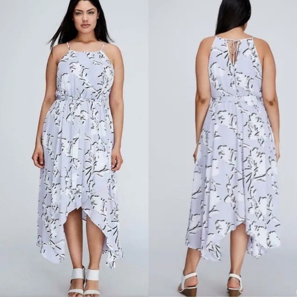 Lane Bryant Lilac Floral Bloom Chiffon Handkerchief Hem Midi Dress 14 Purple NWT - Picture 1 of 16